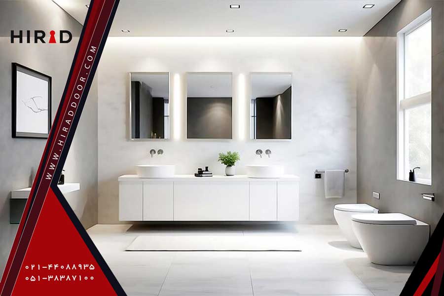 فضای سرویس بهداشتی مدرن با کابینت&zwnj;های سفید مدرن و شلف&zwnj;های کوچک و گیاهان تزئینی